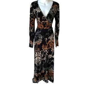 Venus‎ Womens Floral Maxi Dress Small Black Faux Wrap V-Neck Boho Whimsigoth Y2K